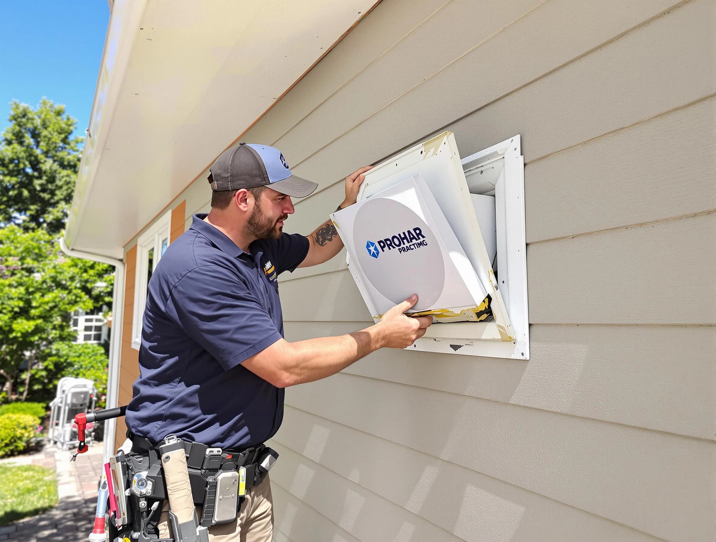Acton Dryer Vent Cleaning technician installing a new protective dryer vent cover on a home in Acton