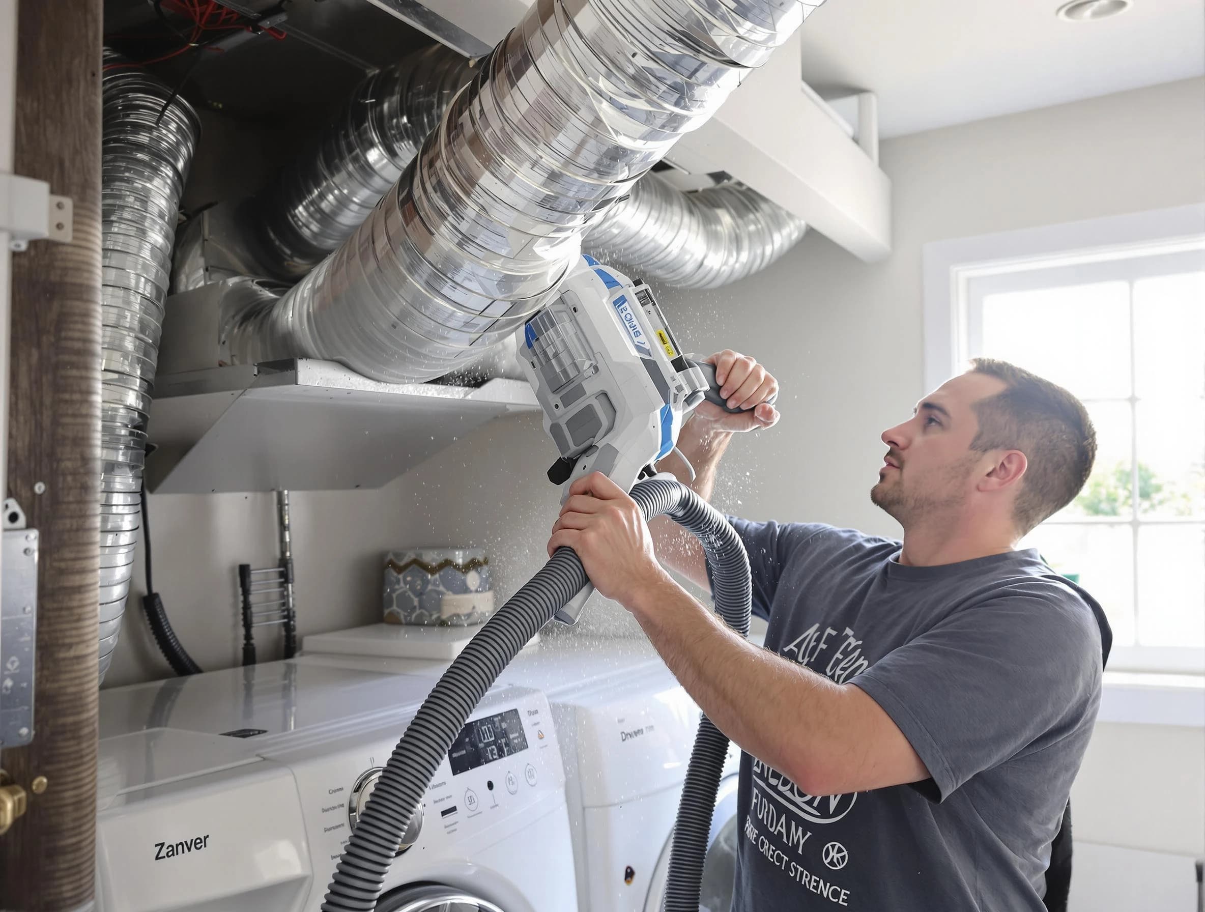 Acton Dryer Vent Cleaning specialist cleaning deep within a dryer vent duct system in Acton