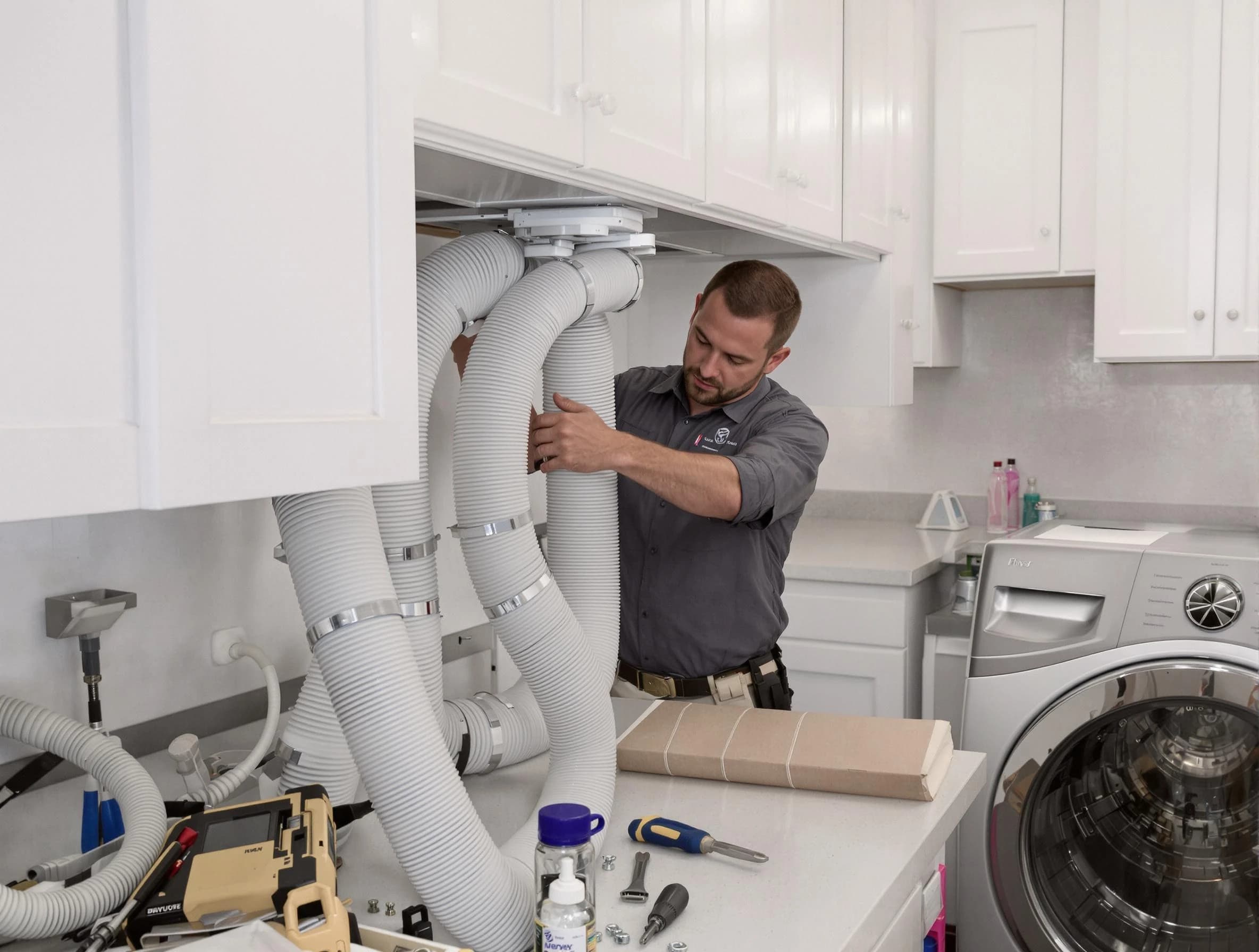 Acton Dryer Vent Cleaning technician installing a new professional-grade dryer vent hose in Acton