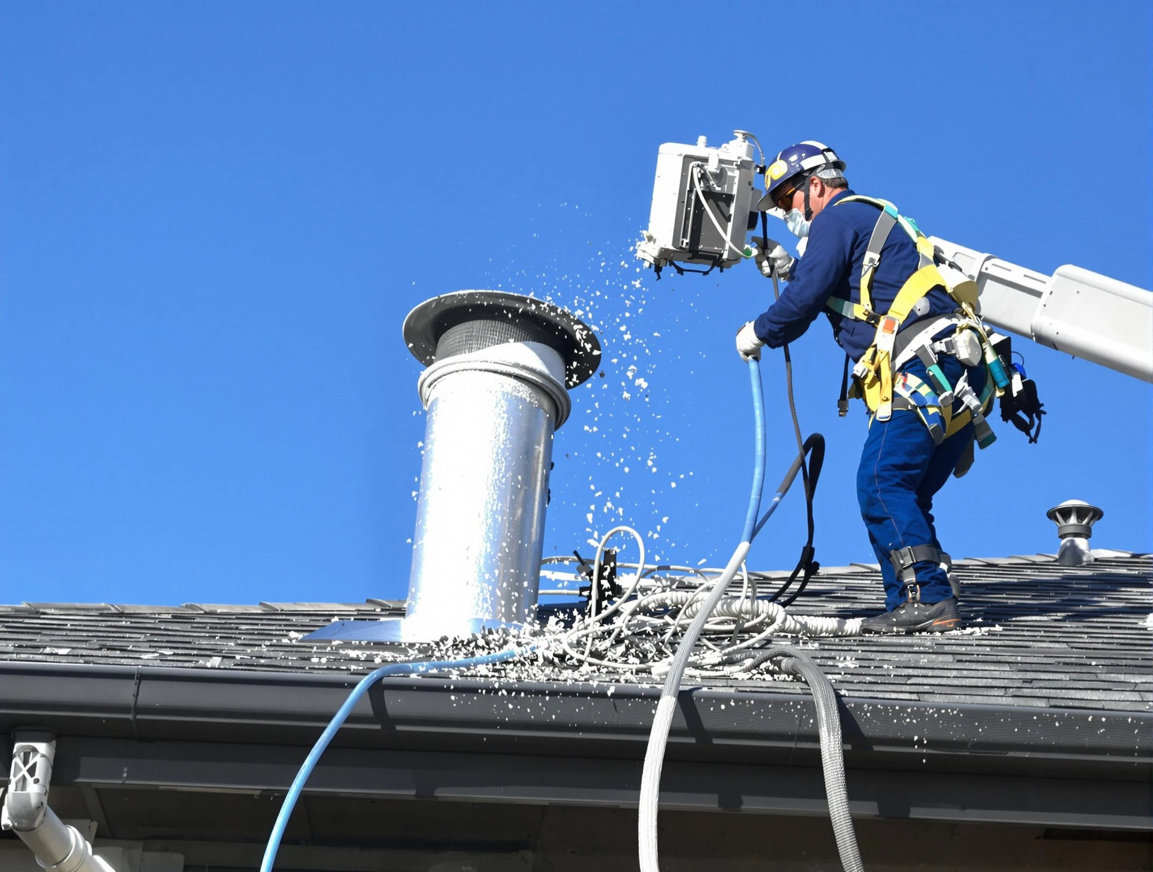 Acton Dryer Vent Cleaning certified technician safely cleaning a roof-mounted dryer vent in Acton