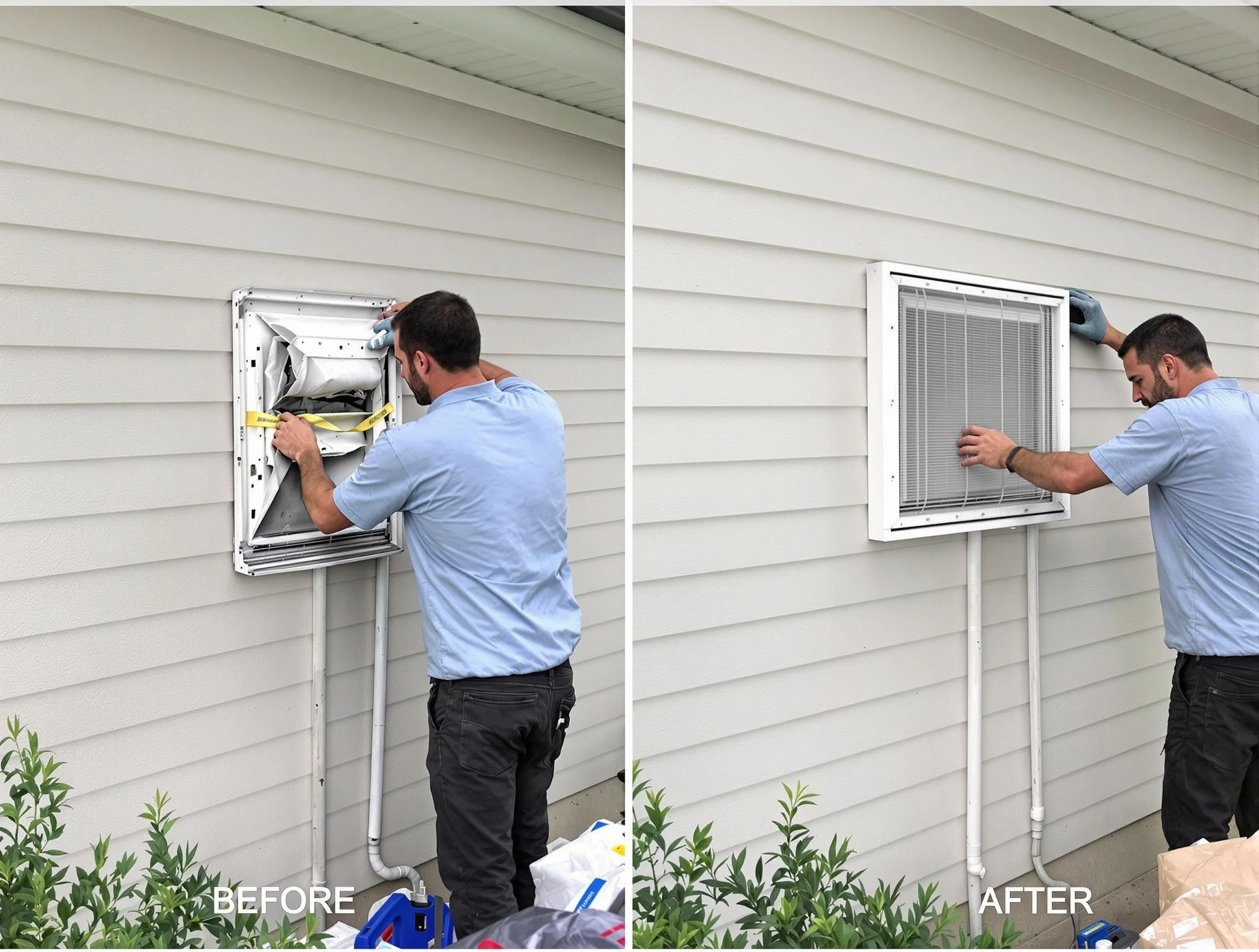 Acton Dryer Vent Cleaning technician installing high-quality dryer vent cover at a residential property in Acton